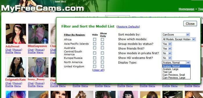 MyFreeCams search filter